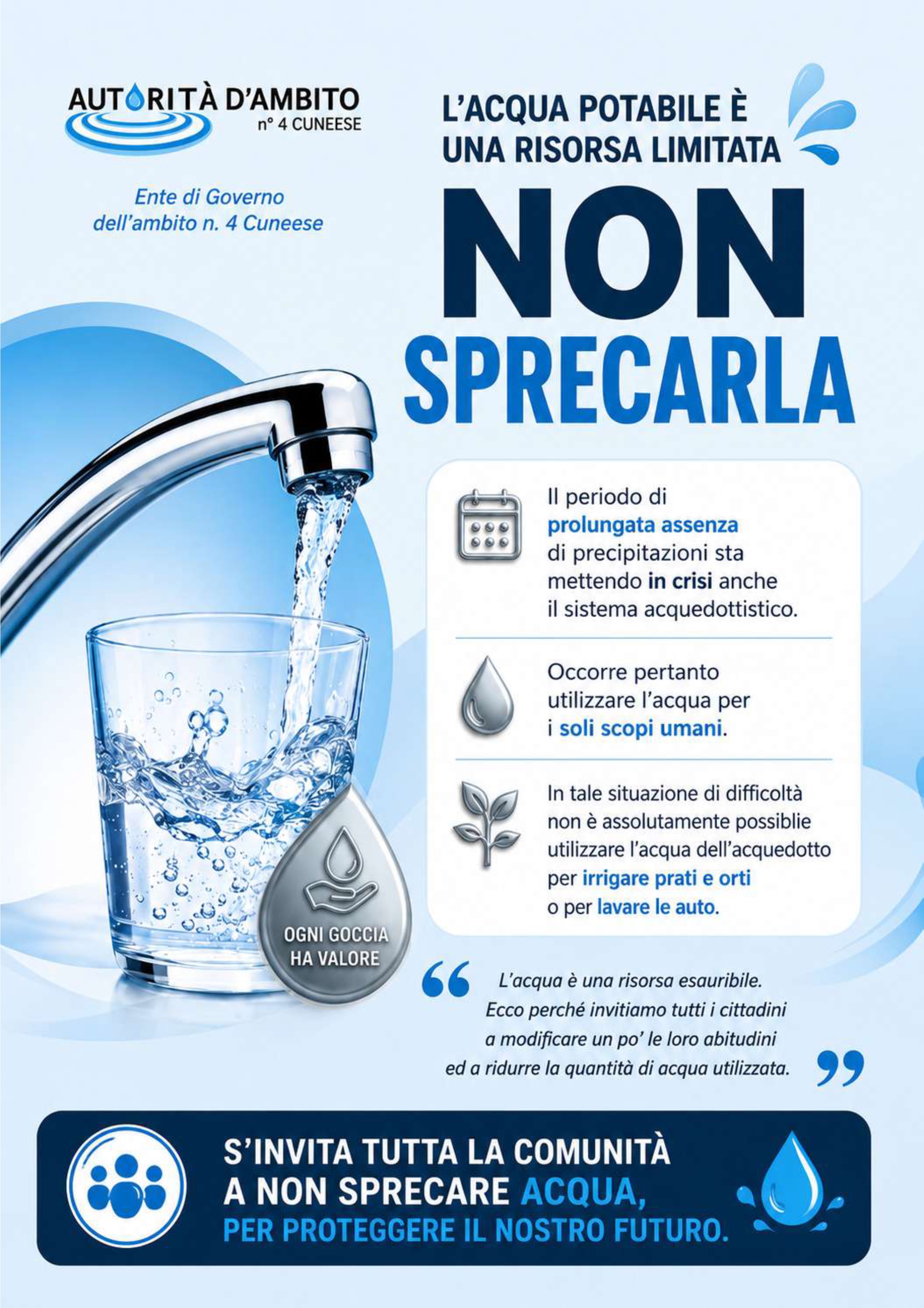 Uso razionale della risorsa idrica disponibile da pubblico acquedotto per la prevenzione di situazioni di criticità nell'erogazione del Servizio Idropotabile.